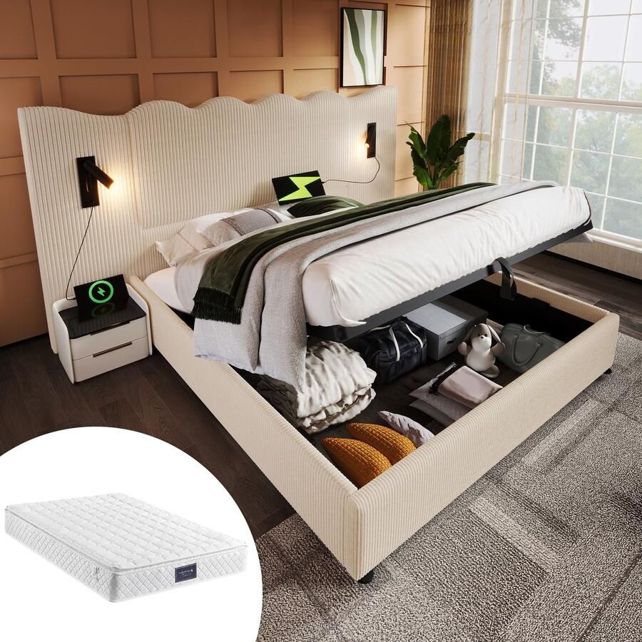 Singularity -Gestoffeerd tweepersoonsbed 160x200 met leeslamp en USB Type-C- opbergbed- grijs- linnen met matras