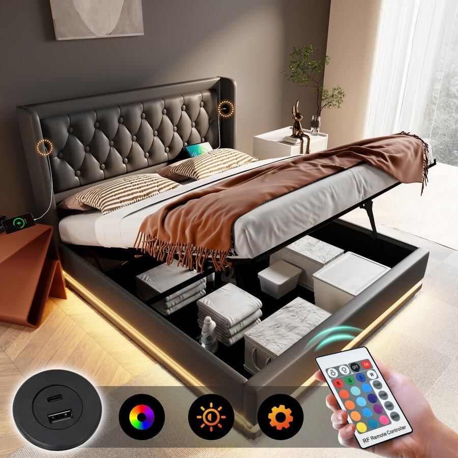 Singularity -Gestoffeerd tweepersoonsbed 180 x 200 cm- zwart PU hydraulisch opbergbed- hoofdbord met USB Type-C- 3-zijdige LED- zonder matras