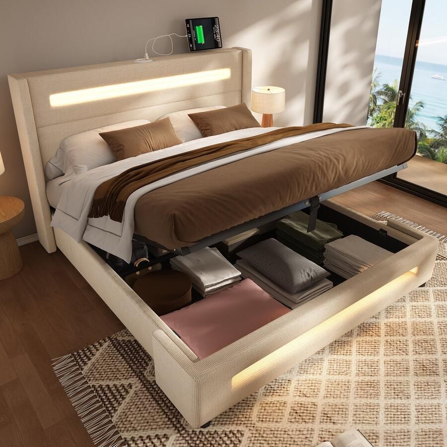 Merax Gestoffeerd bed Tweepersoonsbed 180x200 cm jeugdbed met LED opbergbed met opbergruimte en USB Type-C opladen beige zonder matras
