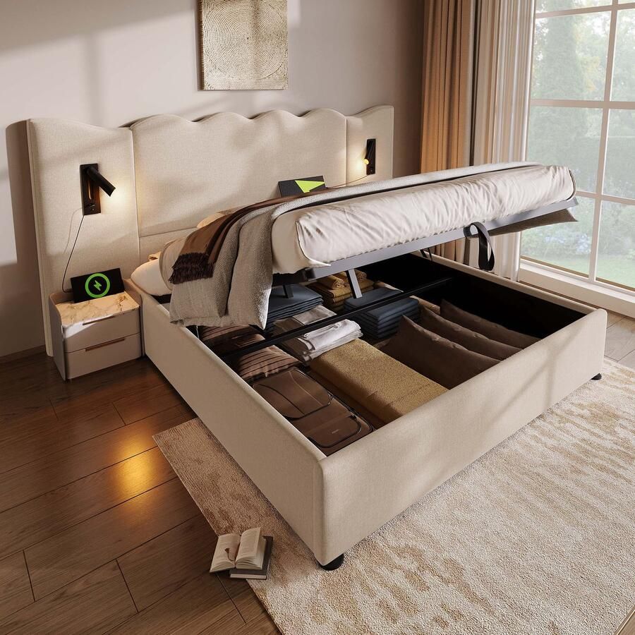 Merax Gestoffeerd bed tweepersoonsbed 160x200 cm met leeslampje en opladen via USB Type-C opbergen beige linnengoed zonder matras