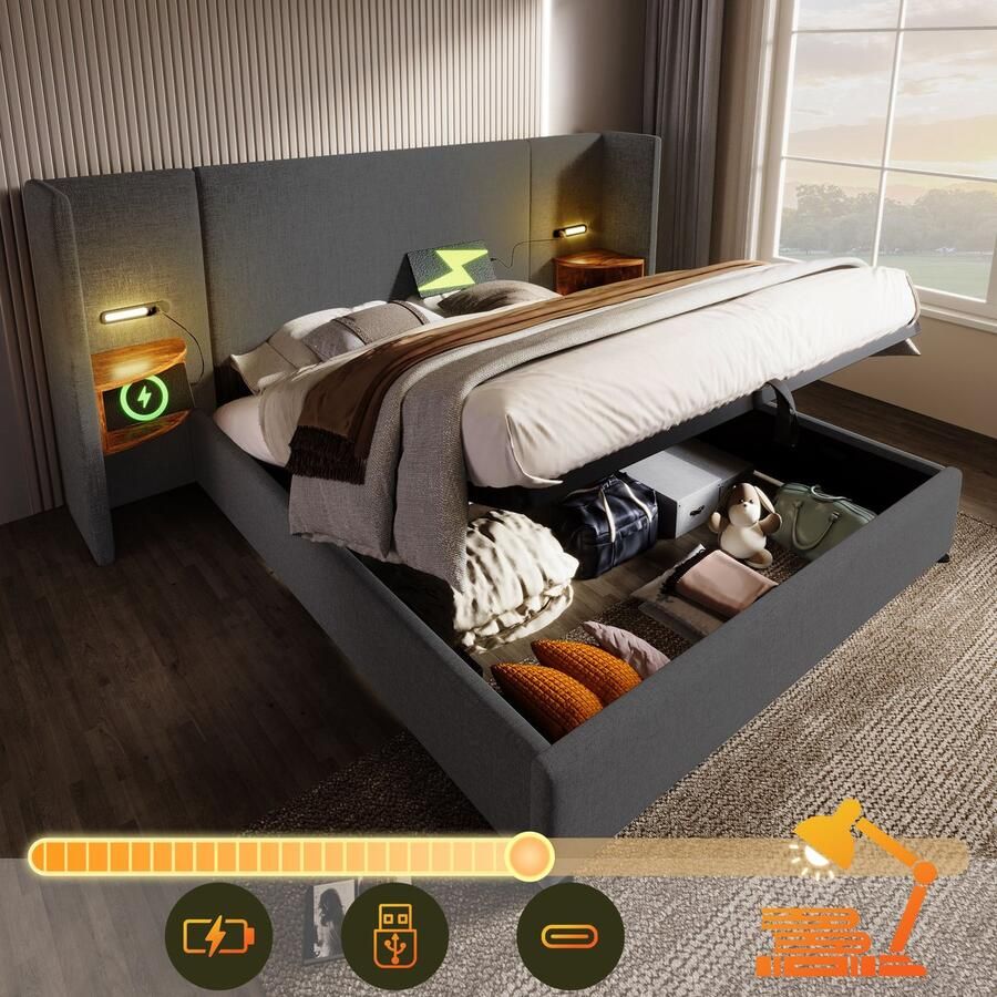 SONNENH Polsterbed 160×200 Nachtkastje Leeslamp USB Type-C-oplader Opbergbed Massief houten frame met metalen lattenbodem Grijze lederen bedstel (zonder matras)