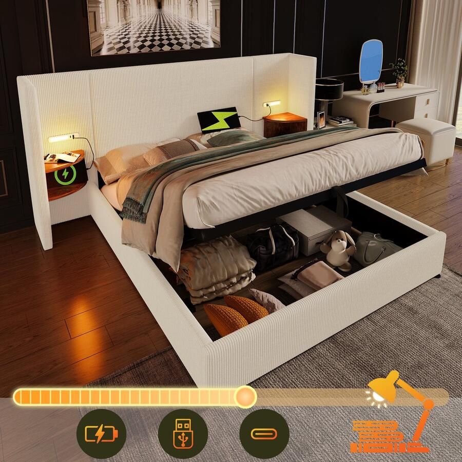 SONNENH Polsterbett Doppelbett-180×200-Nachttisch-Leselampe-USB Type-C Ladefunktion-Bettanlage Stauraumbett Bettgestell mit Massivholz und Metall Lattenrost-Beige-Weiß Cordstoff(Ohne Matratze)