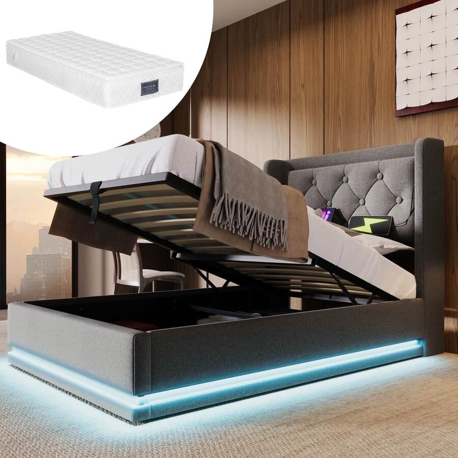 HAUSS SPOLE Gestoffeerd Bed 90x200 cm Eenpersoonsbed Met LED Verlichting En USB Type C Oplaadfunctie Hydraulisch Opbergbed Met Matras Katoen Grijs