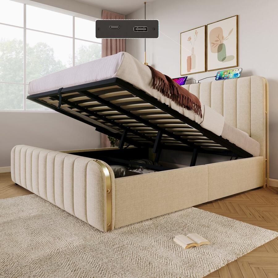 Singularity -Gestoffeerd tweepersoonsbed- hoofdbord met gouden sierstrepen en USB Type-C 180 x 200 cm- hydraulisch opbergbed- zonder matras