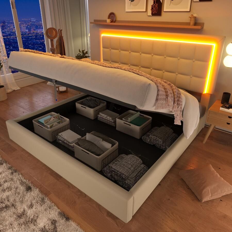 Singularity -Gestoffeerd tweepersoonsbed inclusief led-verlichtingsstrip- bedframe 180x200cm- opbergbed- functioneel bed- bekleding van wit imitatieleer- zonder matras