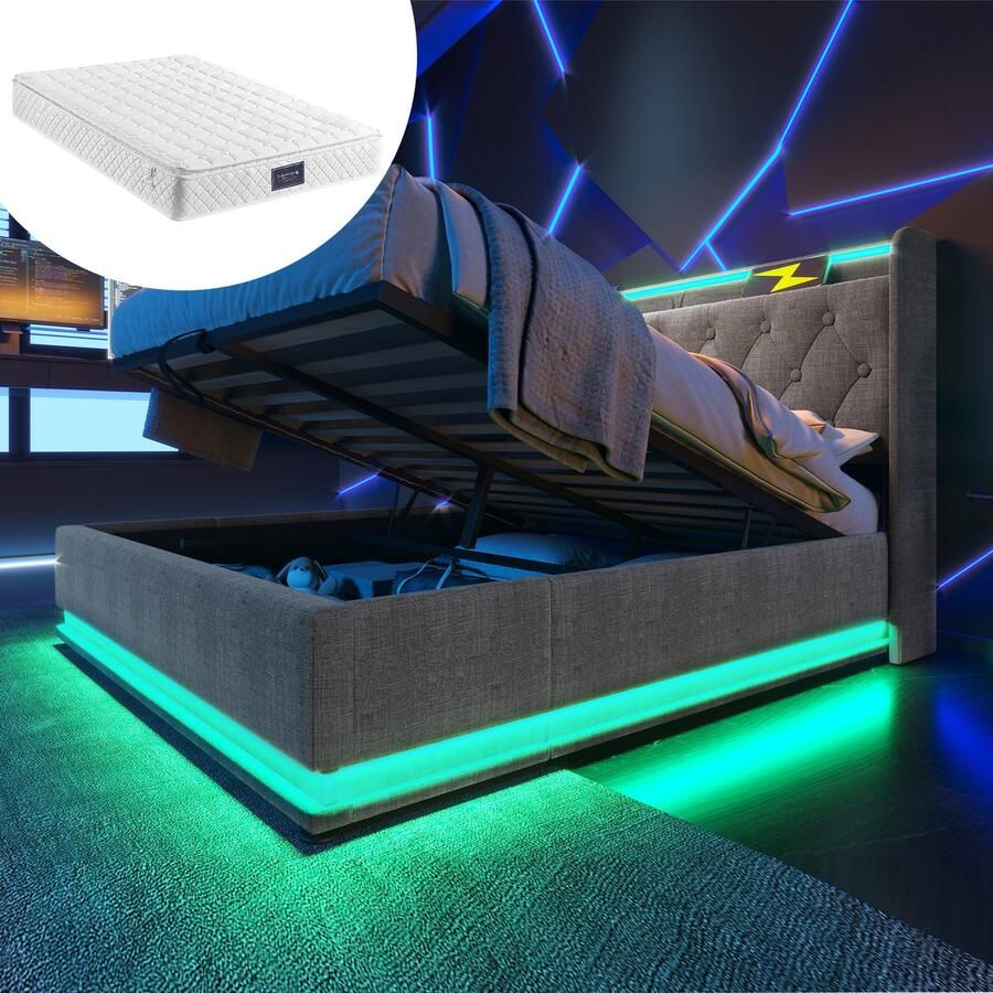 Singularity -Gestoffeerd tweepersoonsbed- LDE 140 x 200 cm- wit PU-materiaal Hydraulisch opbergbed- hoofdbord met USB Type-C Met matras