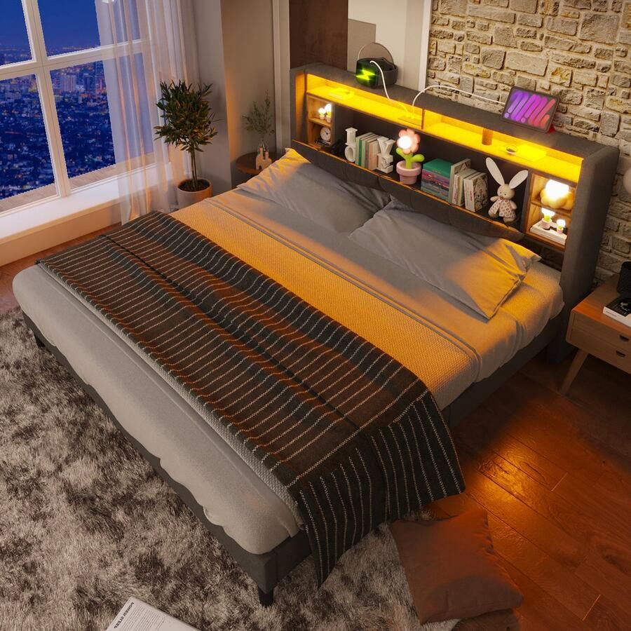 SONNENH Polsterbed 140x200 cm met opbergruimte hoofdsteun met USB-oplaadfunctie en LED-verlichting