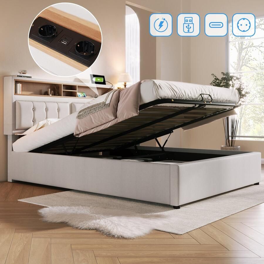 Singularity -Gestoffeerd tweepersoonsbed met USB C-aansluiting hoofdeinde- opbergbedden bedframe van linnen materiaal jeugdbed 160x200 Zonder matras