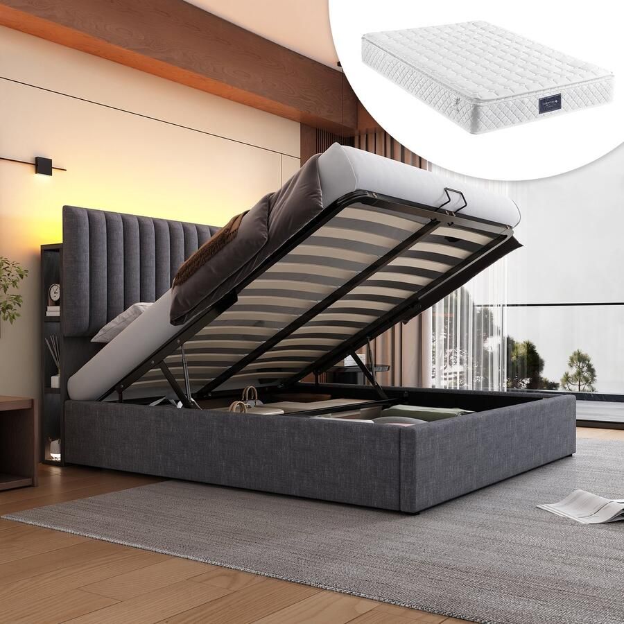 Singularity -Gestoffeerd bed met opbergruimte- tweepersoonsbed- LED-bed met USB Type C- opbergruimte en verstelbaar hoofdeinde- 160x200cm grijs met matras