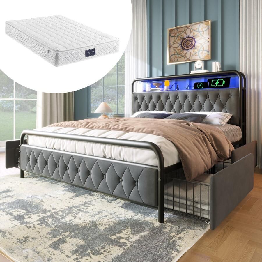 Singularity -Gestoffeerd tweepersoonsbed met USB Type C LED bedframe metalen bed 160x200 bedframe en 4 lades- fluweel met matras - Foto 2