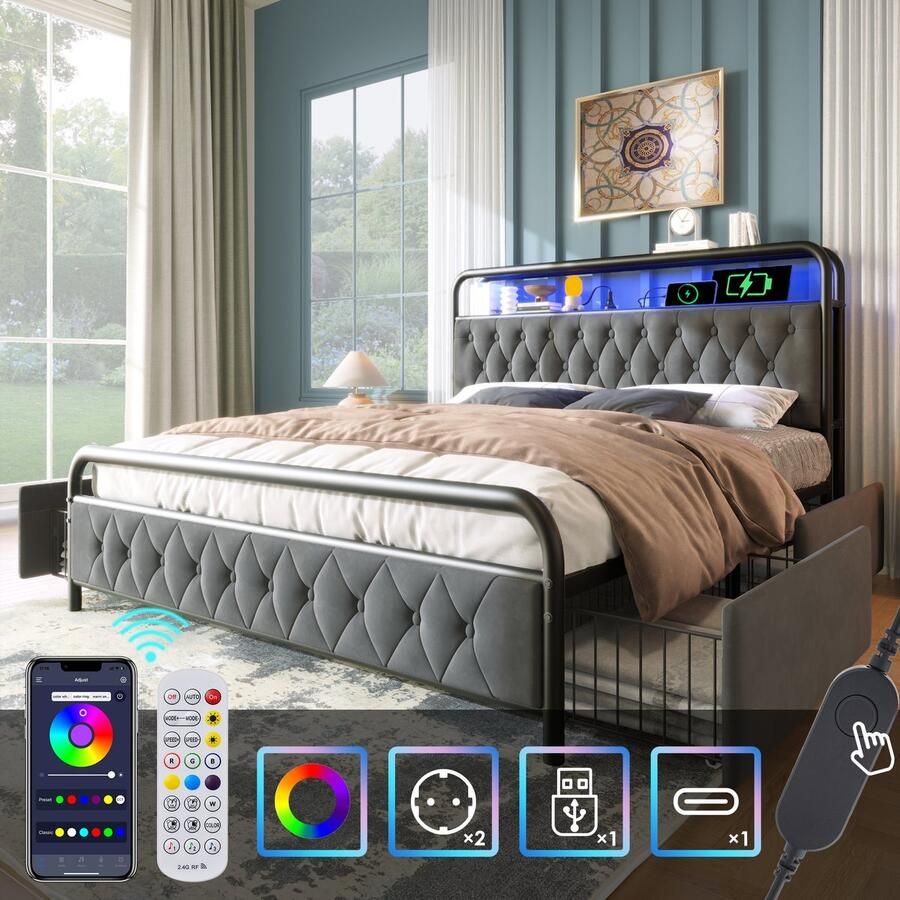 Singularity -Gestoffeerd tweepersoonsbed met USB Type C LED bedframe metalen bed 160x200 bedframe en 4 lades- fluweel zonder matras