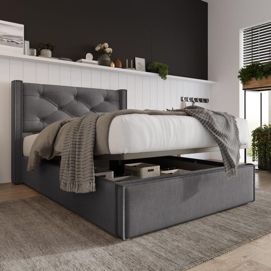Singularity -Hydraulisch eenpersoons gestoffeerd bed 90x200cm- bed met lattenbodem van metalen frame- modern bedframe met opbergruimte- katoen- grijs- zonder matras