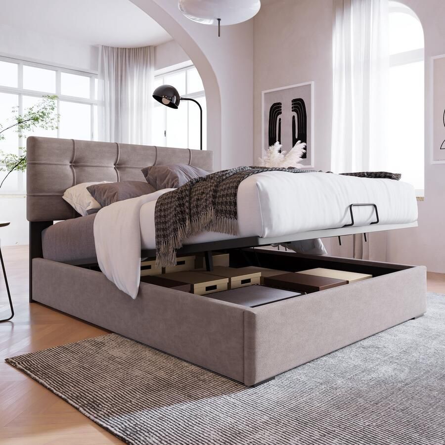 Singularity -Hydraulisch eenpersoonsbed gestoffeerd 90x200cm- verstelbaar hoofdeinde- fluweel- modern bedframe met opbergruimte- lichtgrijs- zonder matras