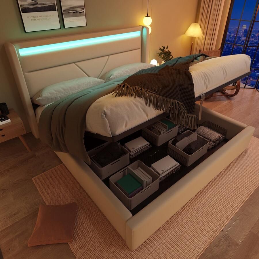 SINGULARITY-Hydraulisch opbergbed met LED- tweepersoonsbedframe gestoffeerd bed 140x200cm- wit met afstandsbediening- zonder matras