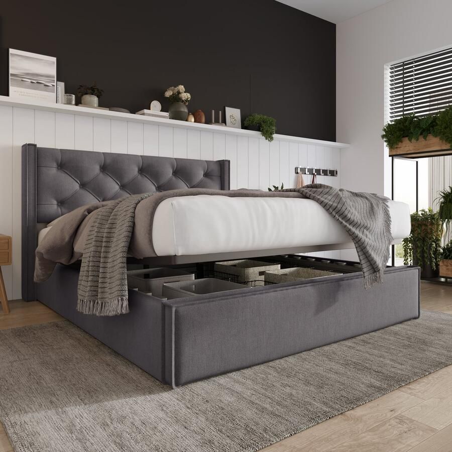 Singularity -Hydraulisch tweepersoonsbed gestoffeerd bed 160x200cm- bed met lattenbodem van metalen frame- modern bedframe met opbergruimte- grijs- zonder matras
