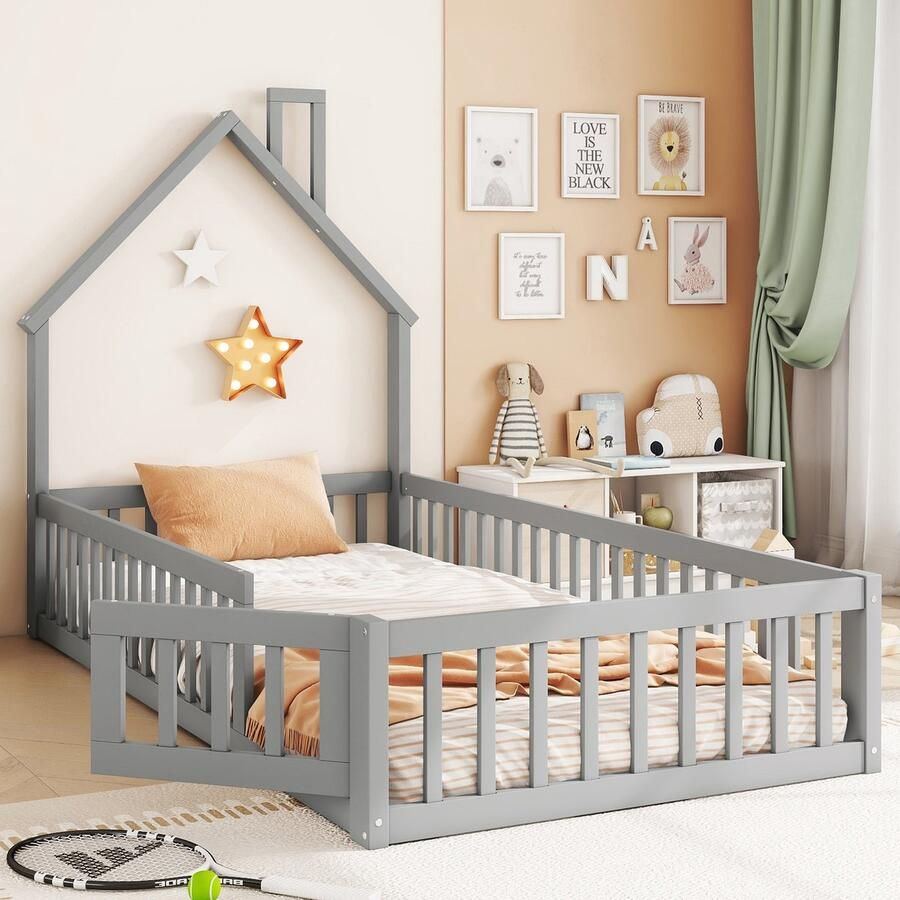 Ulife Huisbed 90 x 200 cm kinderbed met schoorsteenvorm bed met lattenbodem (zonder matras) grenenhout minimalistische stijl grijs