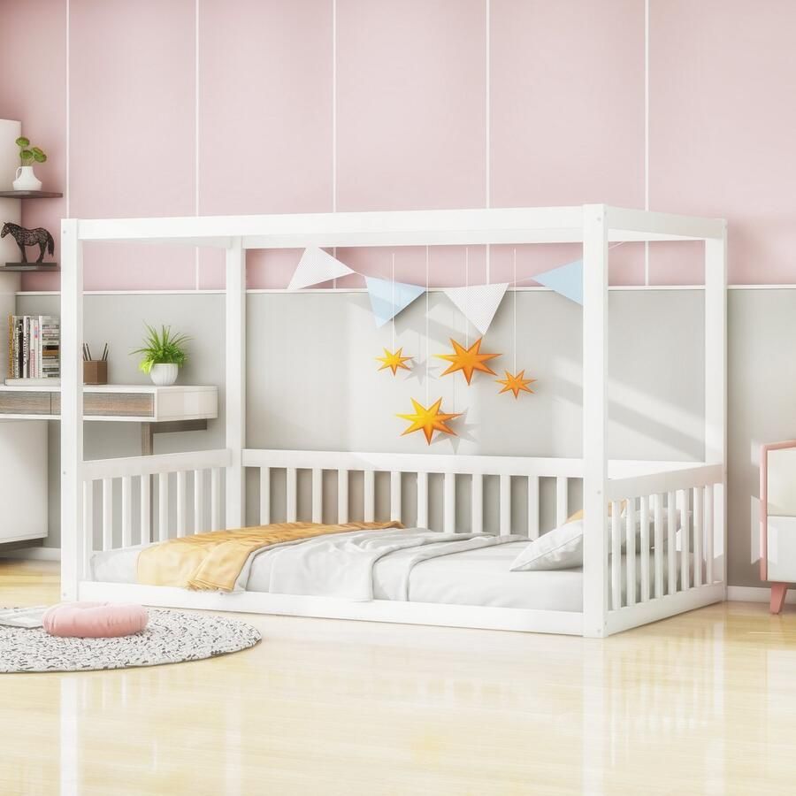 Merax Kinderbed 90 x 200 cm hemelbed massief houten bedframe wit zonder matras