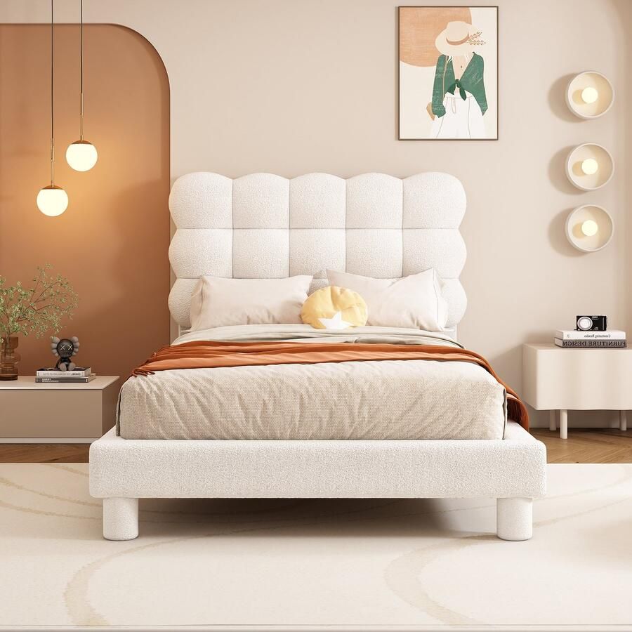 Merax Gestoffeerd bed 90x200 cm eenpersoonsbed comfortabele rugleuning verstelbaar hoofdeinde wit zonder matras