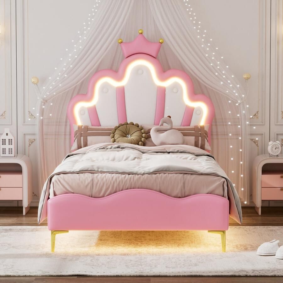 Singularity Kinderbed-90*200 cm-Kroonvorm-Prinses-PU Leren Interieur-LED Sfeerverlichting-Roze-Geen Matras