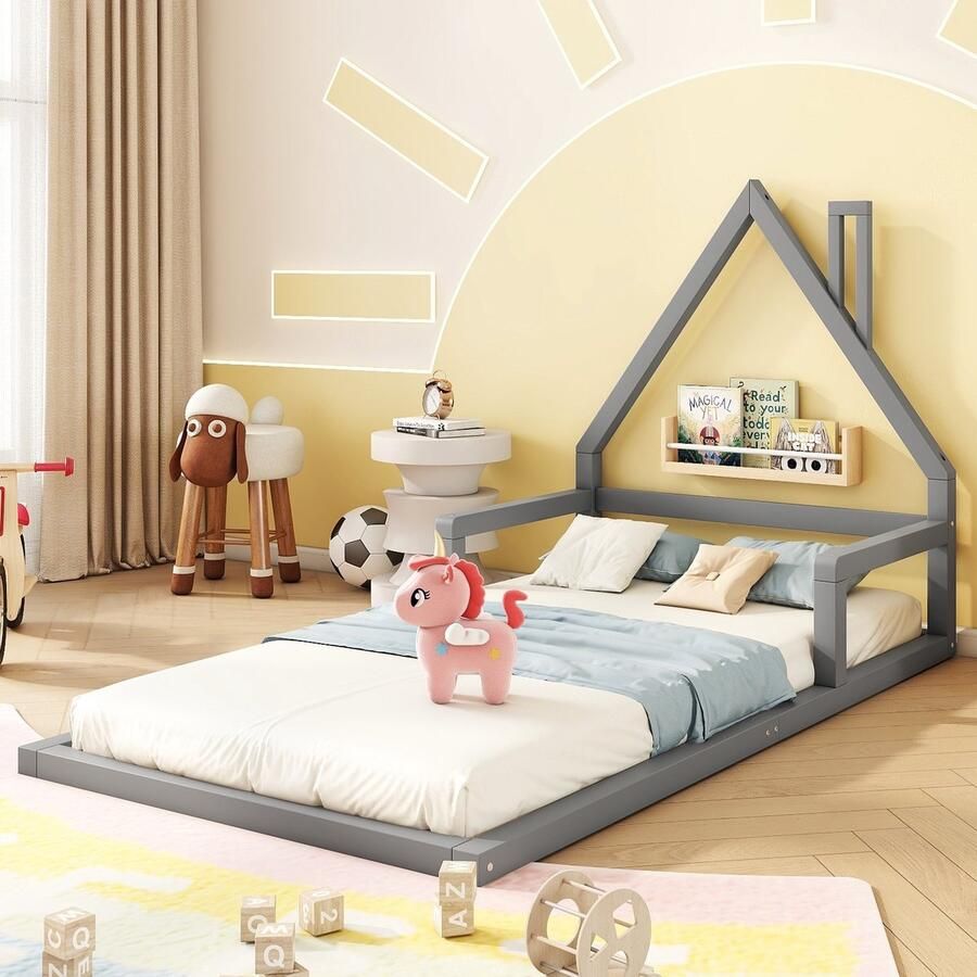 Singularity Kinderbed-90*200 cm-Plat bed-Huisvorm-Stevig grenen-Grijs-Geen matras