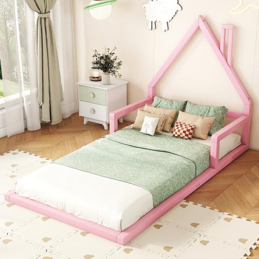 Singularity Kinderbed-90*200 cm-Plat bed-Huisvorm-Stevig grenen-Roze-Geen matras