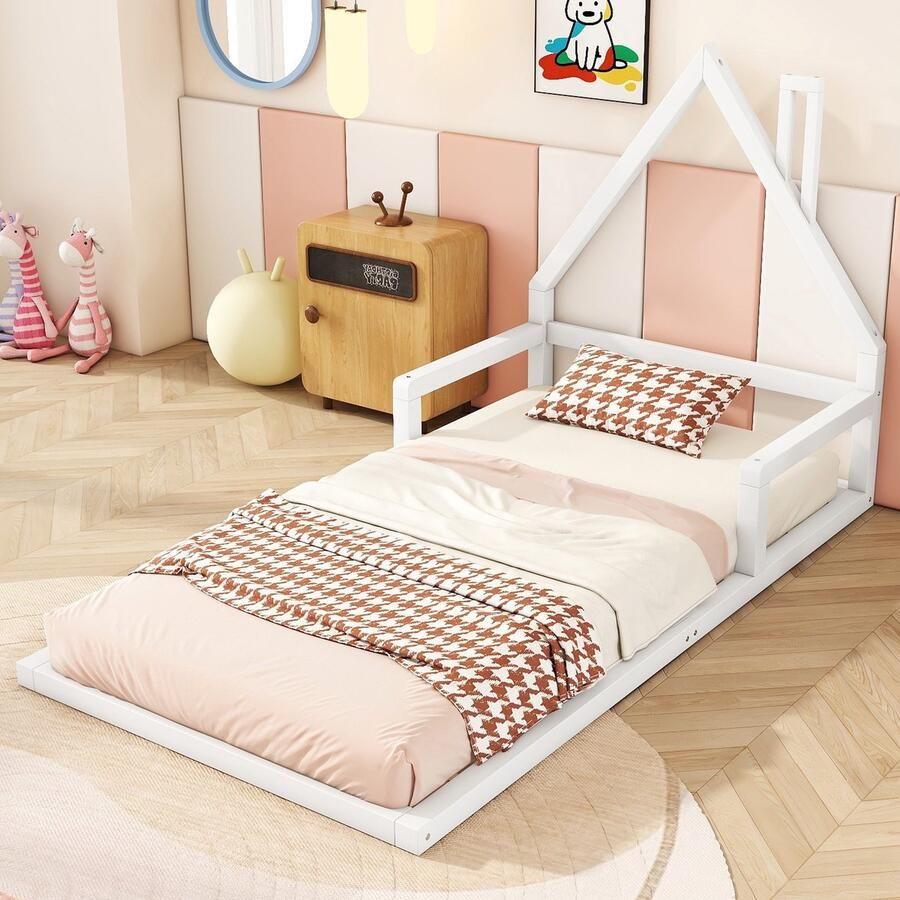 Singularity Kinderbed-90*200 cm-Plat bed-Huisvorm-Stevig grenen-Wit-Geen matras