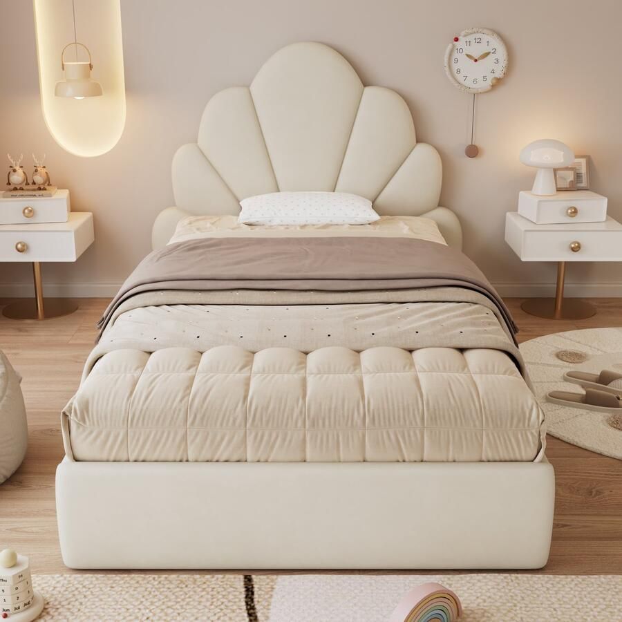 Merax Eenpersoonsbed Gestoffeerd bed gebogen bloemblaadje hoofdeinde eenvoudig stijlvol en comfortabel modern bedframe fluweel beige 90x200cm