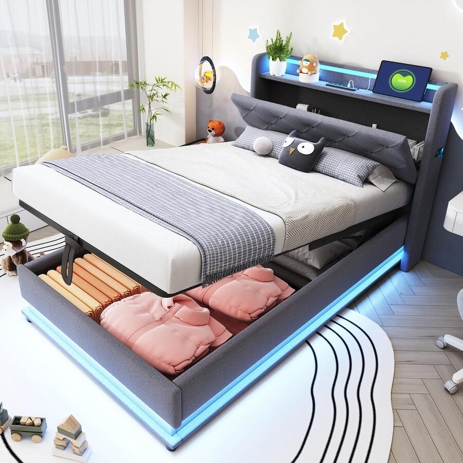 Singularity -Kinderbed gestoffeerd 90x200cm- met kleurveranderende verlichting en USB-aansluiting- opklapbaar hoofdeinde- eenpersoonsbed- linnen stof grijs- zonder matras