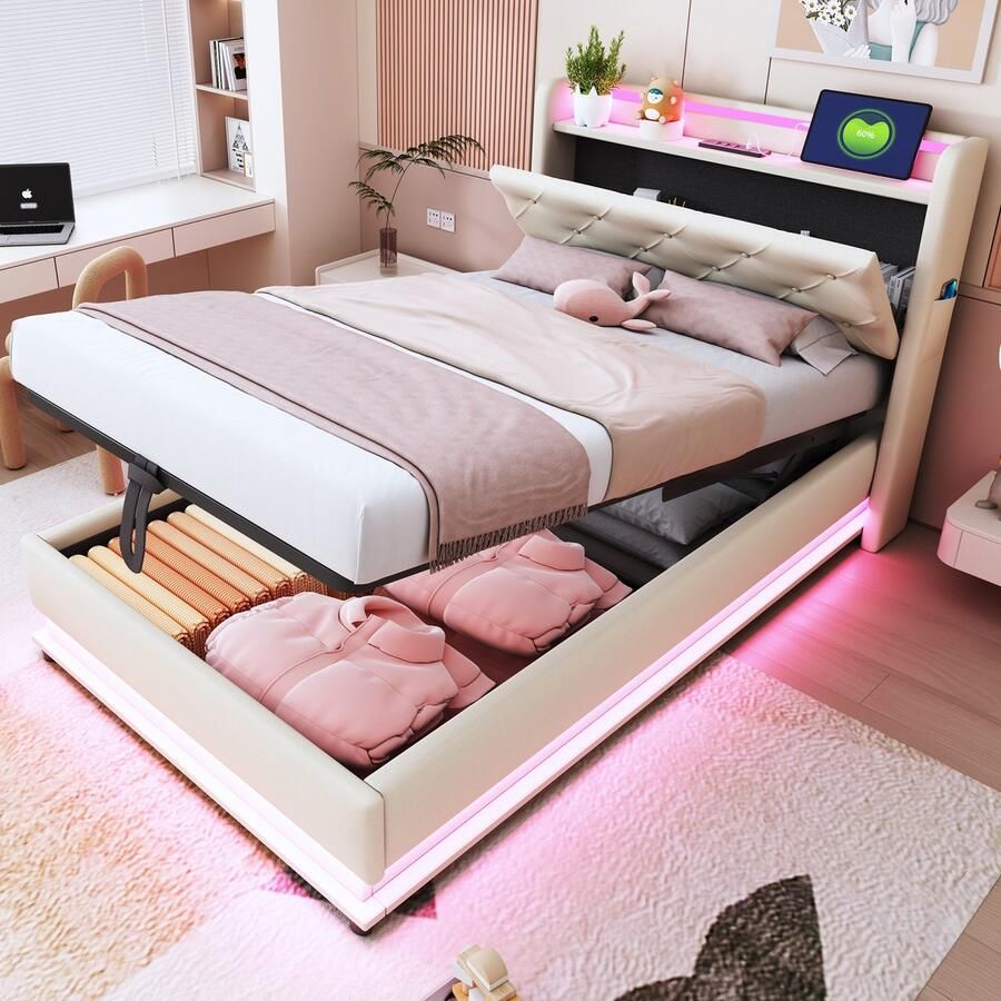 Singularity -Kinderbed gestoffeerd 90x200cm- met kleurveranderende verlichting en USB-aansluiting- opklapbaar hoofdeinde- eenpersoonsbed- beige- zonder matras