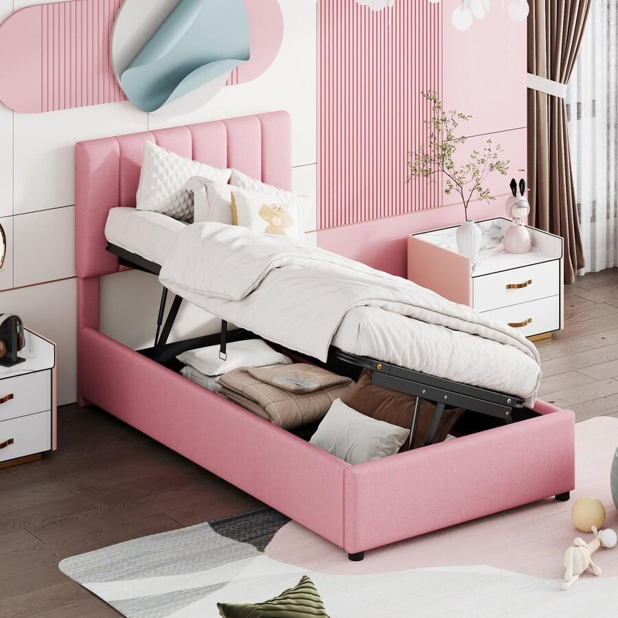 Singularity -Kinderbed gestoffeerd bed 90x200 cm- hydraulisch opbergbed- huidvriendelijke linnen hoogslaper- roze- zonder matras