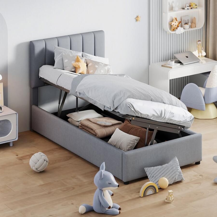 Singularity -Kinderbed gestoffeerd bed 90x200 cm- hydraulisch opbergbed- huidvriendelijke linnen hoogslaper- grijs- zonder matras