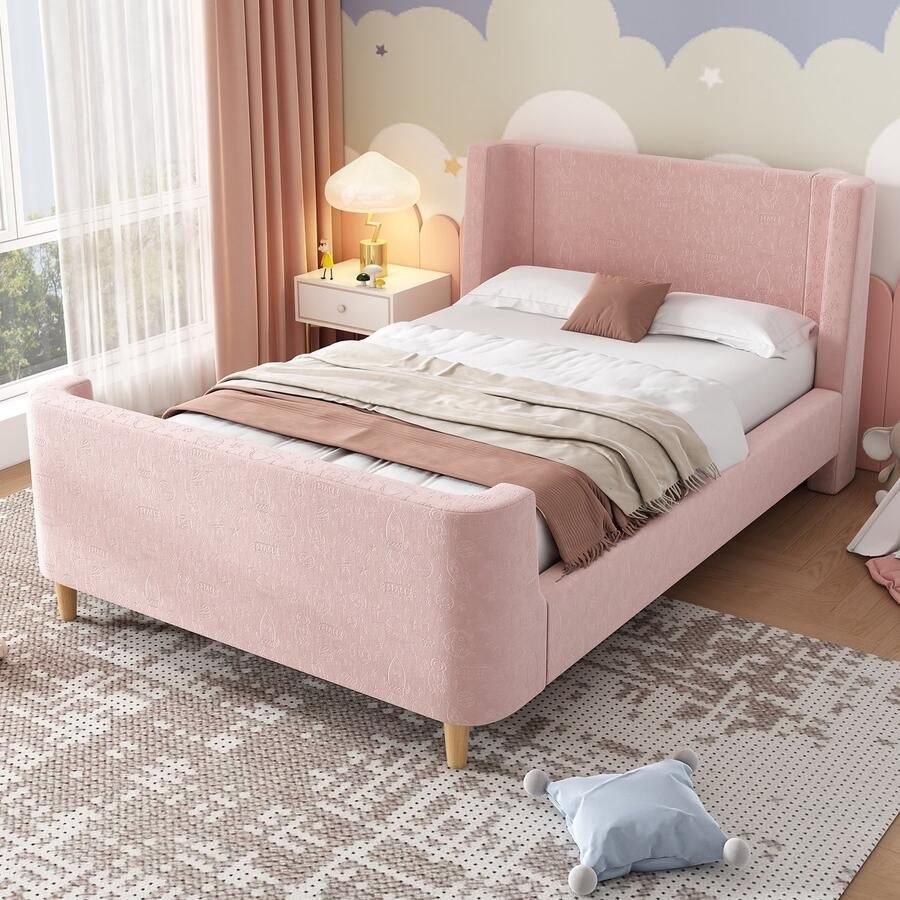 Singularity -Kinderbed gestoffeerd- eenpersoonsbed slee-bed met kosmisch patroon- 90 x 200 cm- voor jongens en meisjes- roze- fluweel (zonder matras)