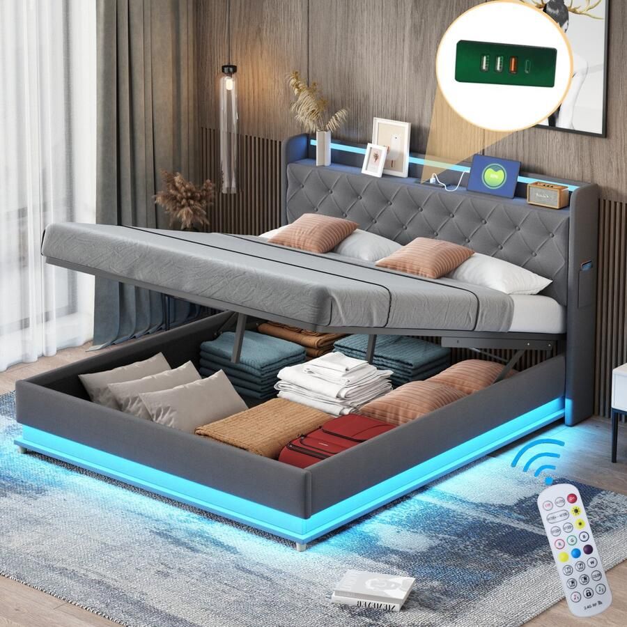 Merax Tweepersoonsbed 160x200 cm met USB Aansluiting en Hydraulische Opbergruimte Gestoffeerd Bed met Verstelbare LED Verlichting in Grijs Linnen