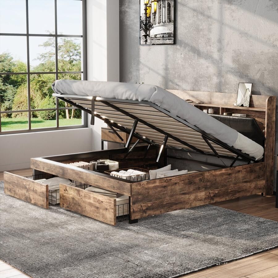 SONNENH Metallbett 140 x 200 cm Hydraulisch bed met opbergruimte Hoofdeinde Metalen lattenbodem