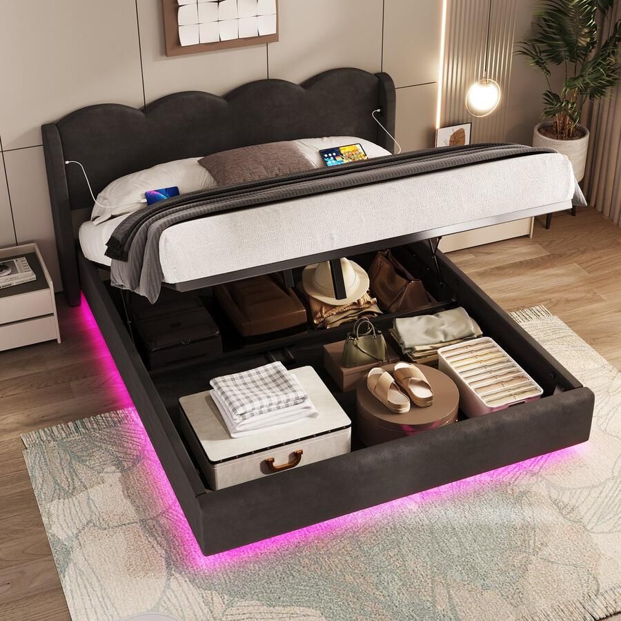 Singularity -Modern bed van 140x200 cm in wit met zwevend design- LED-verlichting- USB Type-C-aansluiting- hoofdbord in de vorm van bloemblaadjes en praktische opbergruimte – stijlvol en comfortabel- wit- zonder matras