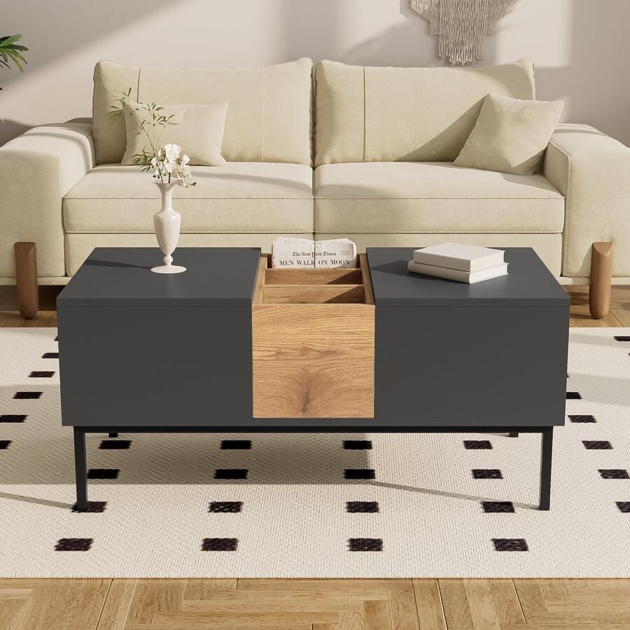 Singularity Moderne salontafel Zwartgrijs en Houtlook in hoogte verstelbaar flexibel 100x50 cm