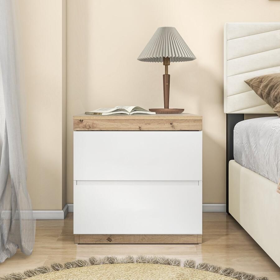 Singularity Nachtkastje met twee laden opbergfunctie E1 spaanplaat Wit + Eikenhout