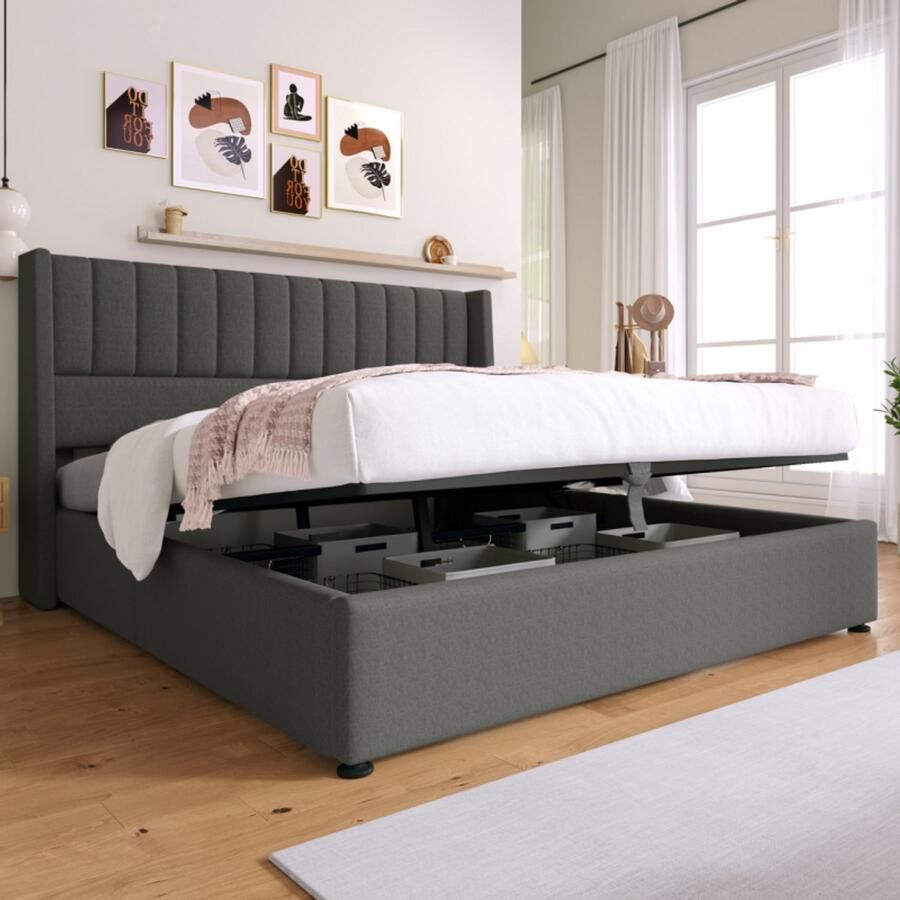 Singularity -Opbergbed gestoffeerd bed hydraulisch tweepersoonsbed 140x200cm- bed met lattenbodem van metaal- linnen- grijs met matras