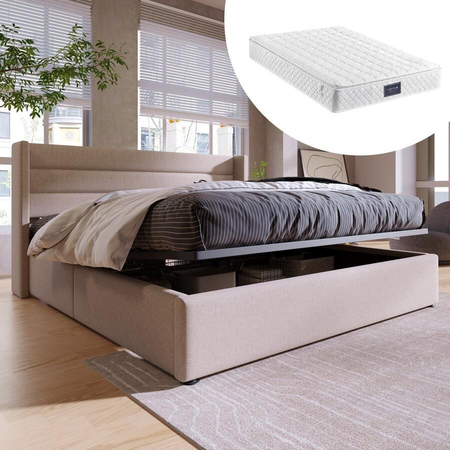 Singularity -Opbergbed- gestoffeerd bed- hydraulisch tweepersoonsbed 160x200cm- inclusief matras- bed met lattenbodem van metalen frame- linnen- beige