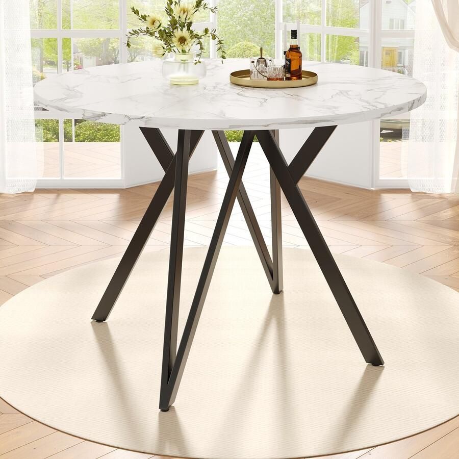 Ojiuboo -Ronde eettafel Modern minimalistisch design Dik MDF-blad met marmereffect + stijlvolle zwarte metalen poten Verstelbare poten Stabiel draagvermogen van 60 kg Zwart 100x100x76cm