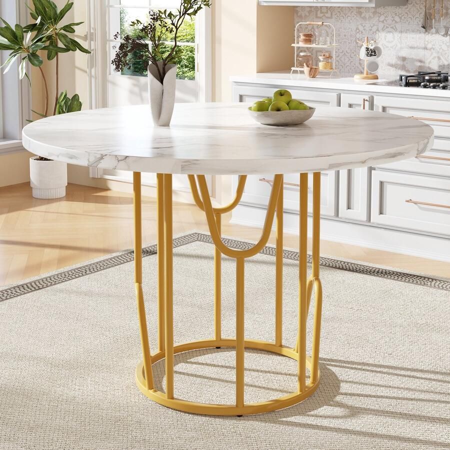 Ojiuboo -Moderne Serie Ronde Eettafel Verdikt MDF Marmeren Blad Gouden Metalen Poten Verstelbare Knoppen Wit + Goud 80 cm