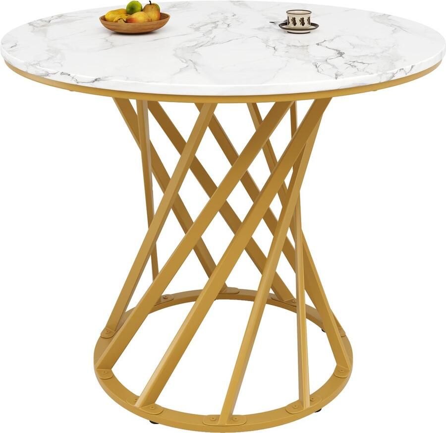 Singularity Ronde Eettafel (80x80x76cm)-4 Personen-Rond-Metalen Poten-MDF-Gouden Poten-Wit