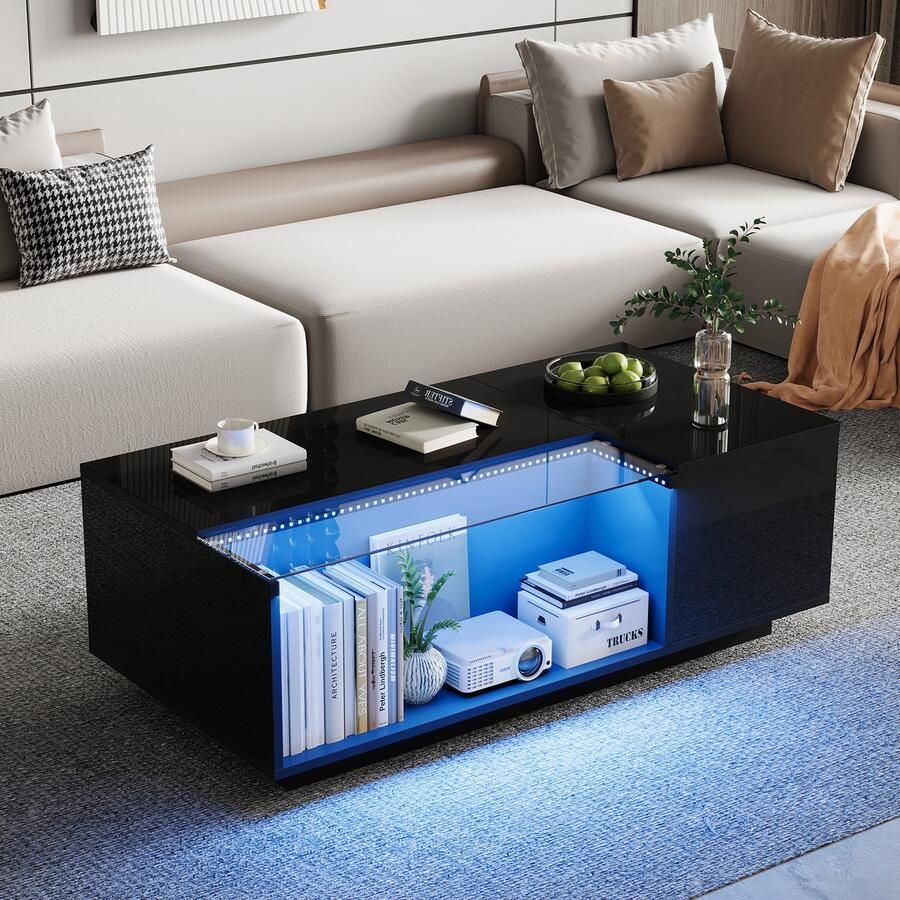 Singularity Salontafel 100 x 50 x 35 cm met LED-verlichting 2 lades hoogglans Zwart