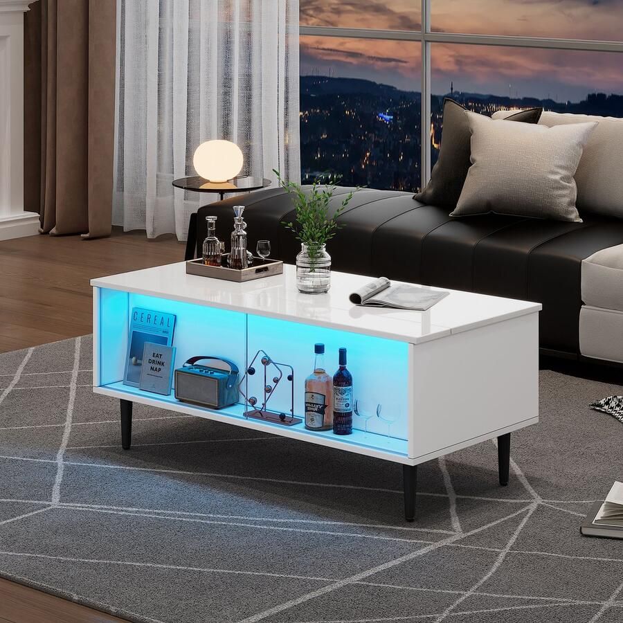 Singularity Salontafel 105 x 50 x 43 cm in hoogte verstelbaar met LED-verlichting Wit