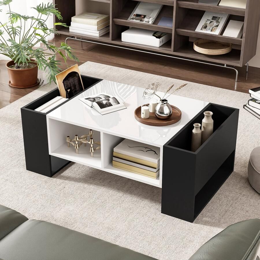 Singularity Salontafel 105 x 60 x 40 5 cm Zwart en Wit design Hoogglans oppervlak met laden 4 open vakken