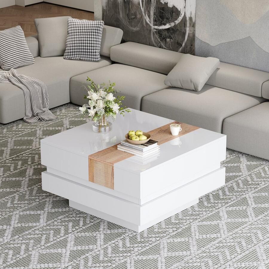 Singularity Salontafel 70 x 70 x 39 cm hoogglans afwerking met uitschuifbaar tafelblad vierkant opbergruimte Wit