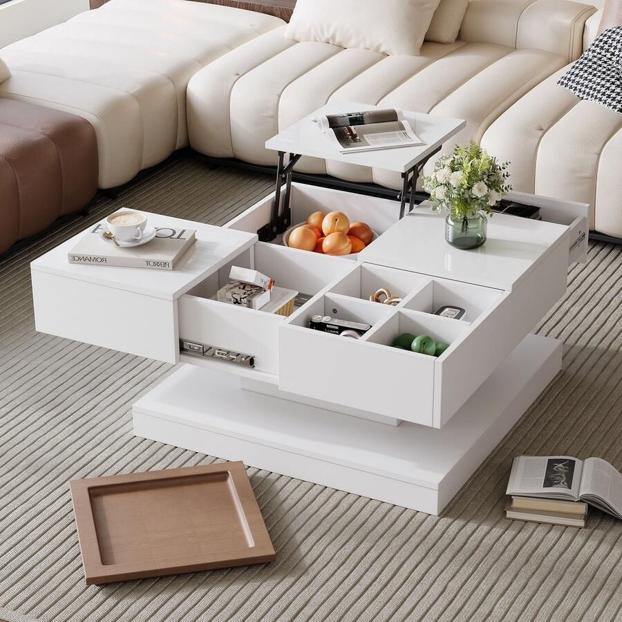 Sweiko Salontafel Verstelbare tafel 4 lades Hoogglans Met dienblad Wit + houtkleur