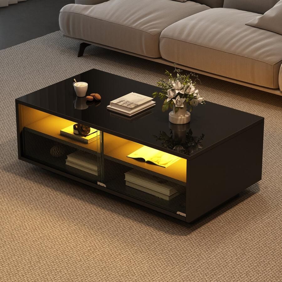 Singularity Salontafel 94 x 50 x 34 cm Zwart hoogglans LED-verlichting 2 lades