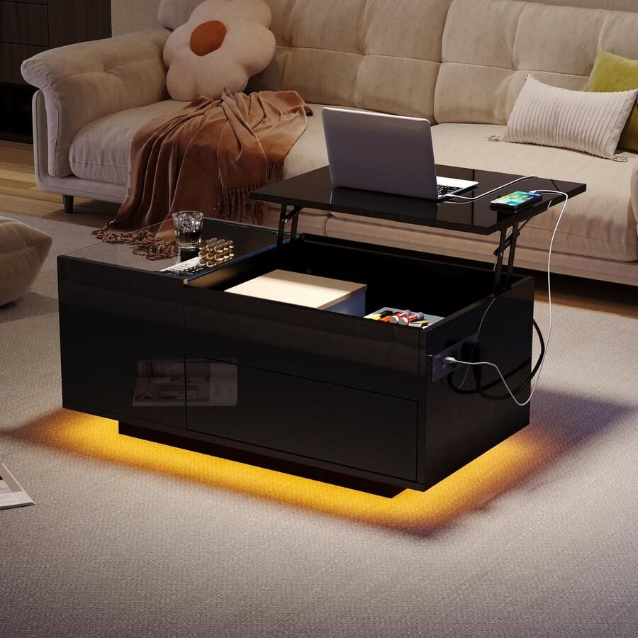 Singularity Salontafel 95 x 48 x 42 cm In hoogte verstelbaar LED-verlichting Met lade Met stopcontact Zwart