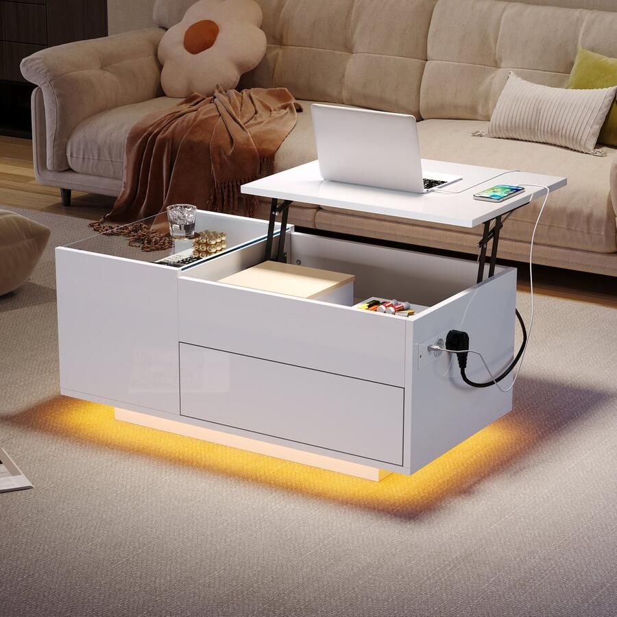 Singularity Salontafel 95 x 48 x 42 cm in hoogte verstelbaar LED-verlichting met lade met stopcontact -Wit